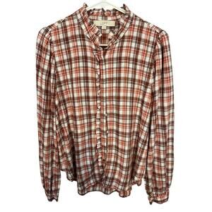 Loft Plaid Ruffle Cottagecore Button Front Blouse Size Small